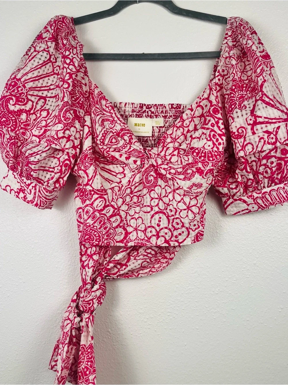 Anthropologie Maeve Pink & White Floral Puff-Sleeve Tie-Back Crop Blouse Top